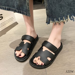 Dép da PU đế bằng có khóa dán Velcro nữ 12254