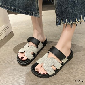 Dép da PU đế bằng có khóa dán Velcro nữ 12255