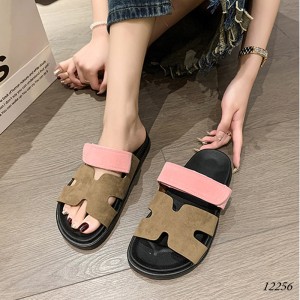 Dép da PU đế bằng có khóa dán Velcro nữ 12256