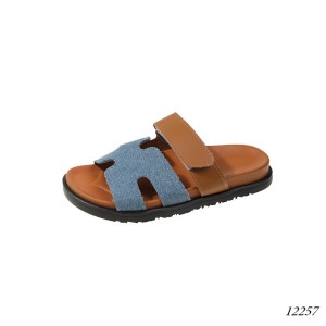 Dép da PU đế bằng có khóa dán Velcro nữ 12257