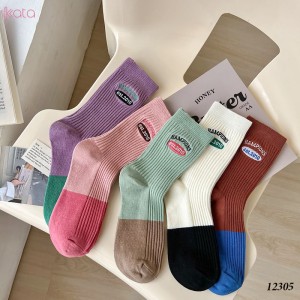 Tất giữa bắp chân,tất cotton thêu,phối màu cá tính Nữ 12305