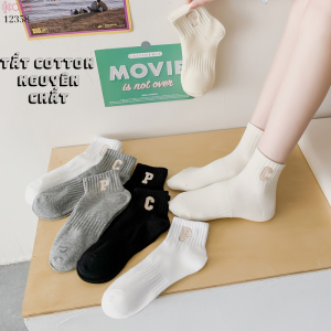 Tất cotton nguyên chất không trơn không tuột gót,tất cổ ngắn thêu chữ 12358
