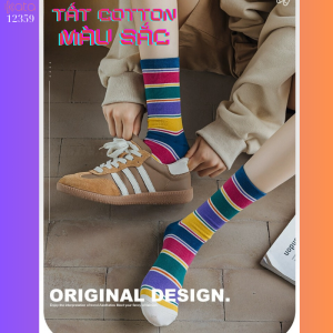Tất vớ màu sắc phong cách retro,tất ống giữa cotton thấm hút mồ hôi 12359