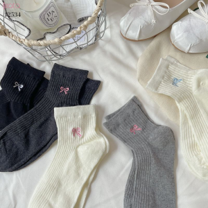 Tất nơ lưới 100% cotton mềm mịn thoáng khí xuân hè,tất giữa bắp chân 12534