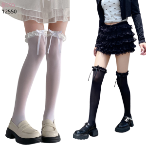 Tất nơ trắng qua đầu gối,tất ren mỏng lolita xuân hè phong cách ba lê 12550