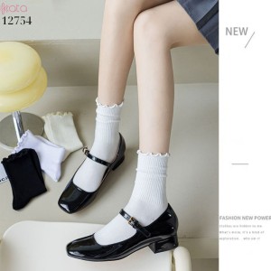 Tất ren nấm cuộn mép,vải bông mềm mịn, tất nữ sinh giữa bắp chân jk 12754