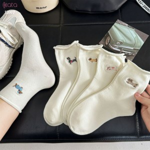 Tất cuộn mép thêu hình,vớ bông mềm mịn thấm hút mồ hôi 13007