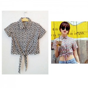 Áo sơ mi buộc vạt họa tiết kẻ