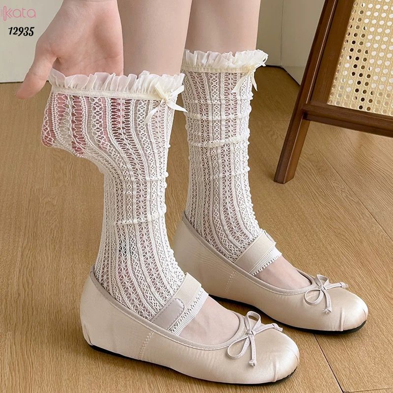Ống tất nơ lolita,vớ đi bốt, ống chân vải ren ruy băng 12935