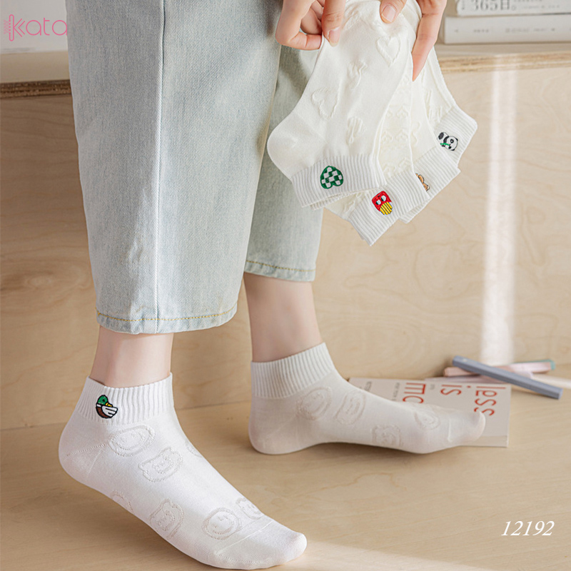 Tất vớ cổ ngắn ,tất cotton thoáng khí thêu hình nữ 12192