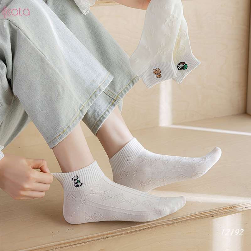 Tất vớ cổ ngắn ,tất cotton thoáng khí thêu hình nữ 12192