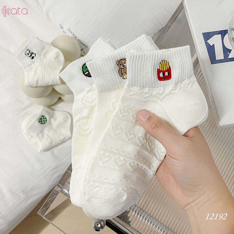 Tất vớ cổ ngắn ,tất cotton thoáng khí thêu hình nữ 12192
