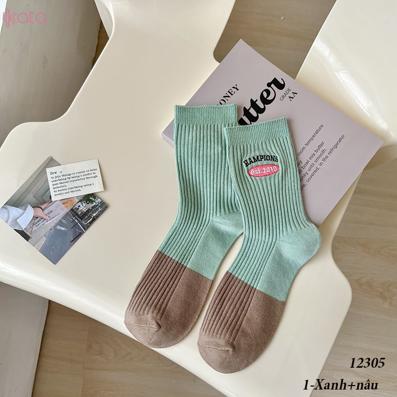 Tất giữa bắp chân,tất cotton thêu,phối màu cá tính Nữ 12305