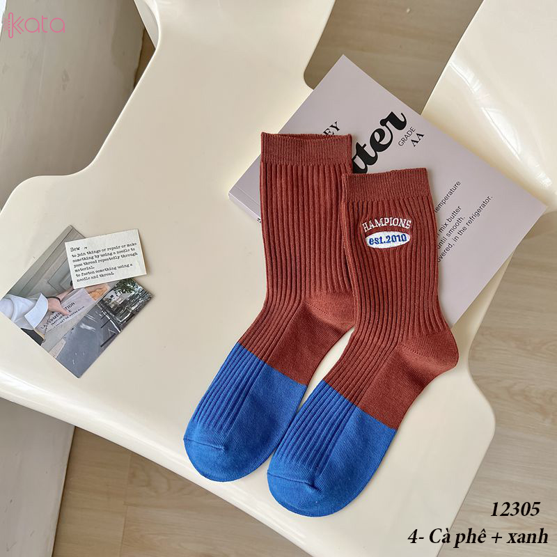 Tất giữa bắp chân,tất cotton thêu,phối màu cá tính Nữ 12305
