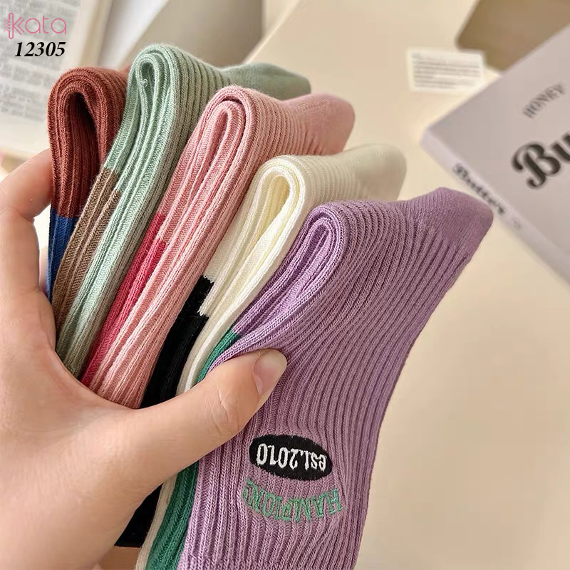 Tất giữa bắp chân,tất cotton thêu,phối màu cá tính Nữ 12305