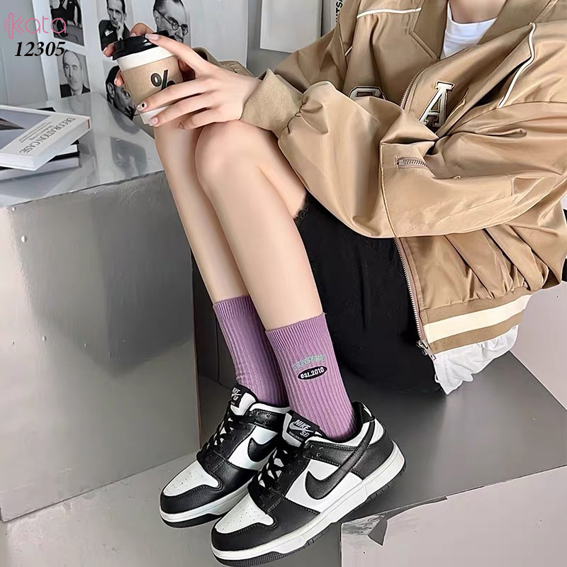 Tất giữa bắp chân,tất cotton thêu,phối màu cá tính Nữ 12305