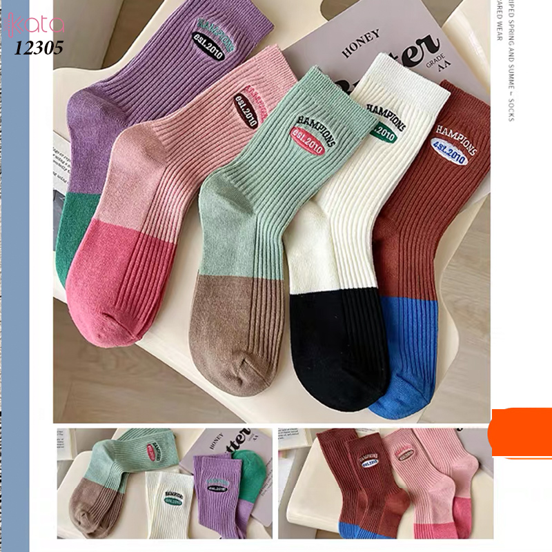 Tất giữa bắp chân,tất cotton thêu,phối màu cá tính Nữ 12305