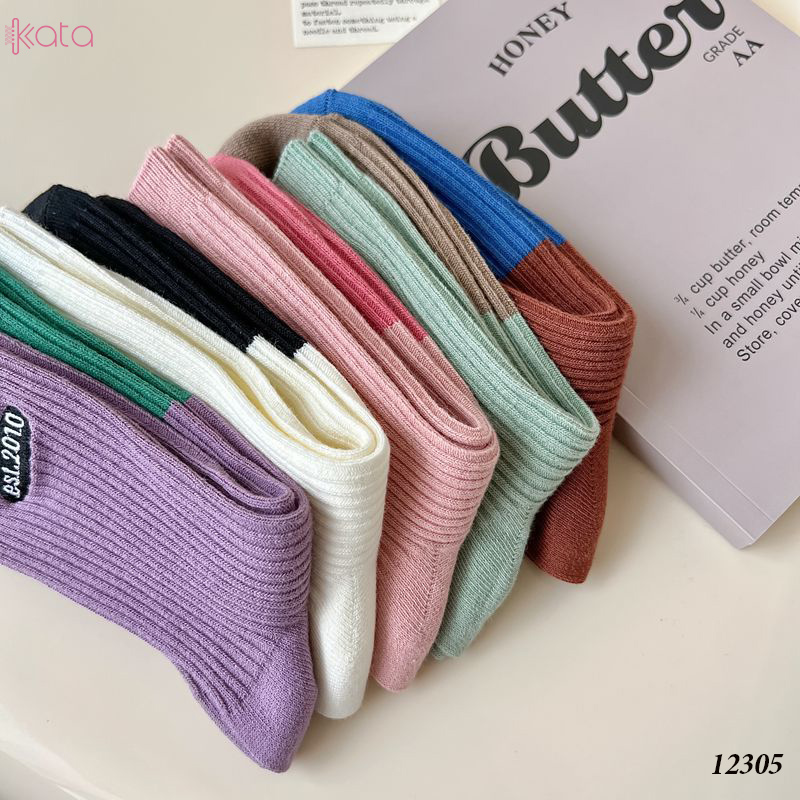 Tất giữa bắp chân,tất cotton thêu,phối màu cá tính Nữ 12305