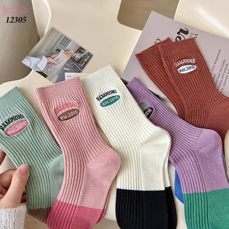 Tất giữa bắp chân,tất cotton thêu,phối màu cá tính Nữ 12305