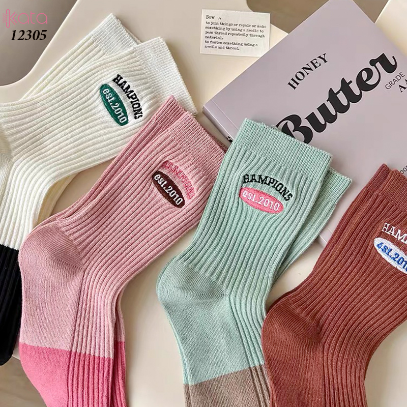 Tất giữa bắp chân,tất cotton thêu,phối màu cá tính Nữ 12305