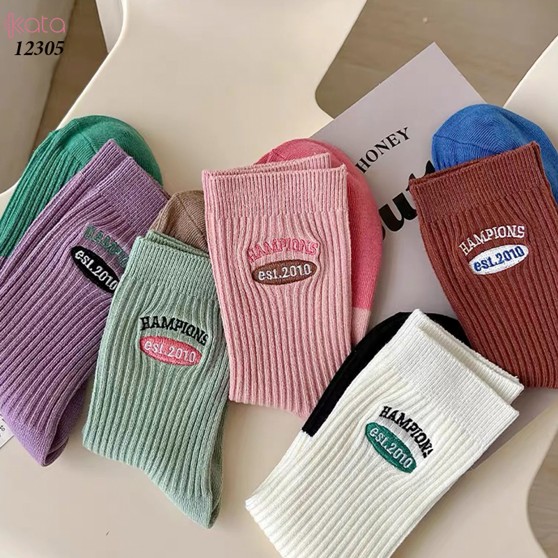 Tất giữa bắp chân,tất cotton thêu,phối màu cá tính Nữ 12305