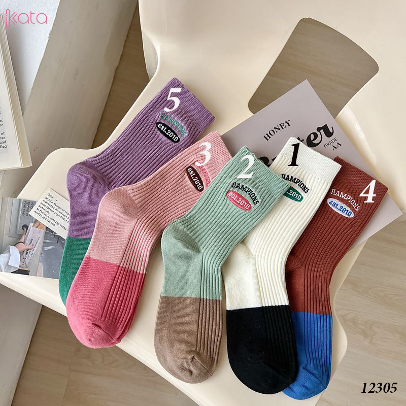 Tất giữa bắp chân,tất cotton thêu,phối màu cá tính Nữ 12305