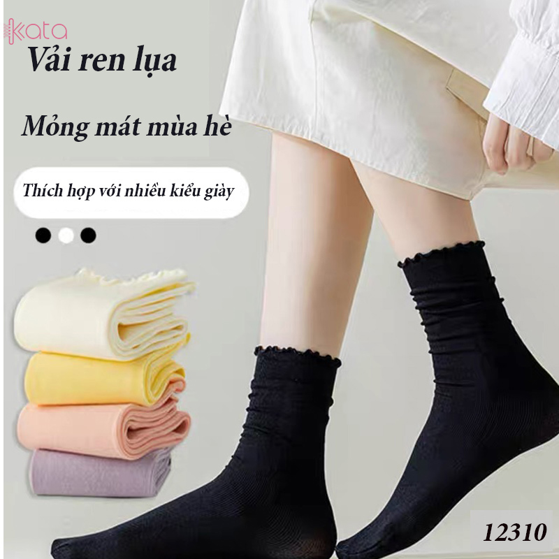 Tất ren phong cách ballet,tất ống giữa màu trơn thoáng khí nữ 12310