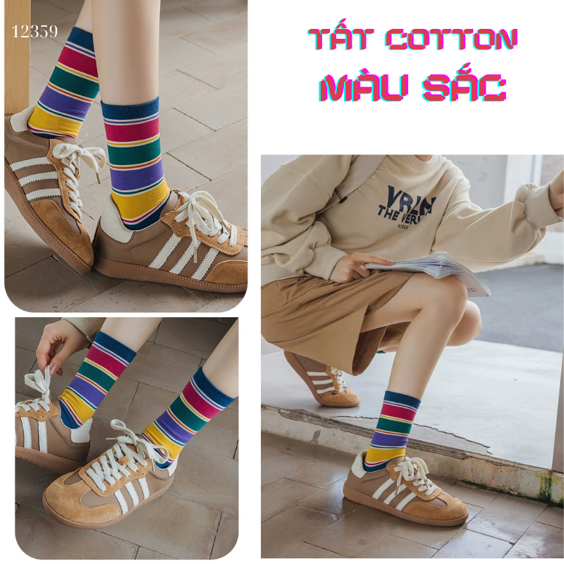 Tất vớ màu sắc phong cách retro,tất ống giữa cotton thấm hút mồ hôi 12359