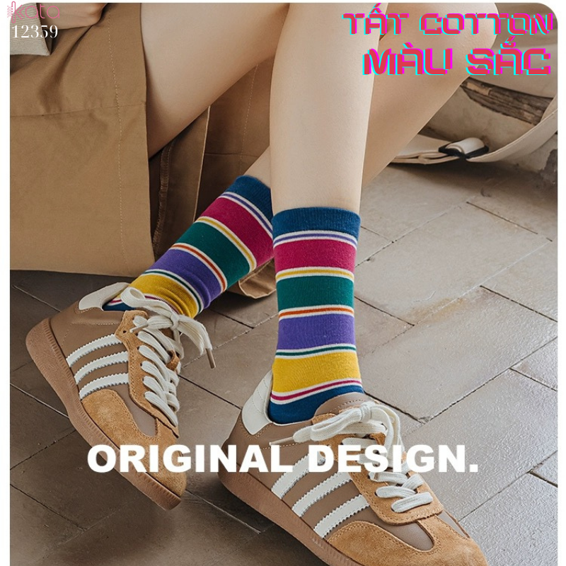 Tất vớ màu sắc phong cách retro,tất ống giữa cotton thấm hút mồ hôi 12359