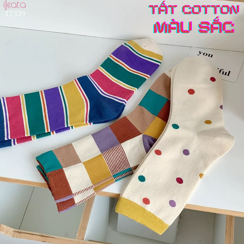 Tất vớ màu sắc phong cách retro,tất ống giữa cotton thấm hút mồ hôi 12359