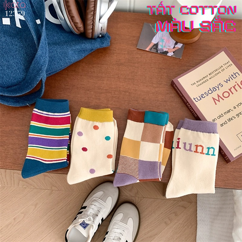 Tất vớ màu sắc phong cách retro,tất ống giữa cotton thấm hút mồ hôi 12359