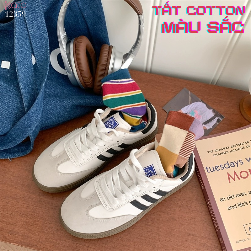 Tất vớ màu sắc phong cách retro,tất ống giữa cotton thấm hút mồ hôi 12359