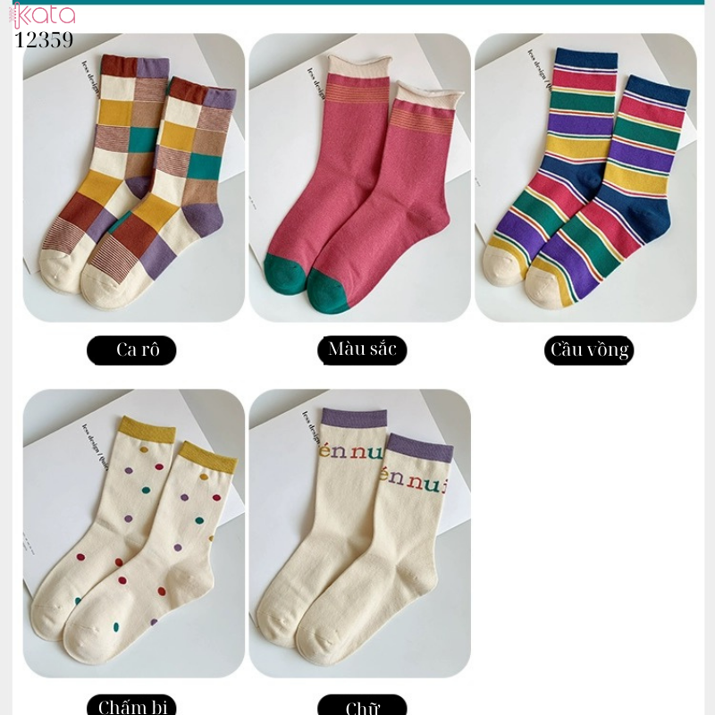 Tất vớ màu sắc phong cách retro,tất ống giữa cotton thấm hút mồ hôi 12359