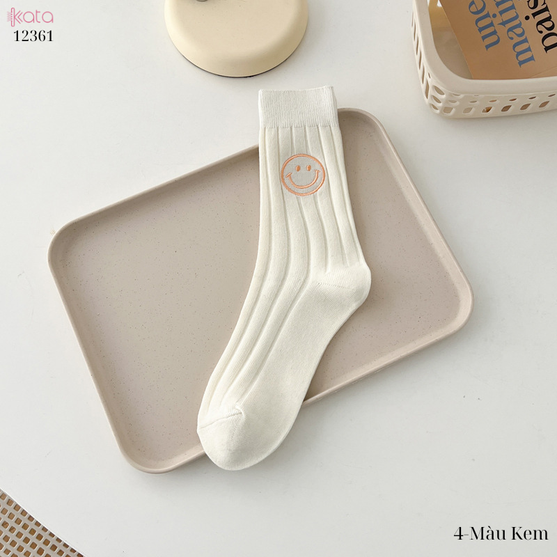 Tất trơn giữa bắp chân,tất cotton xuân hè thêu mặt cười 12361