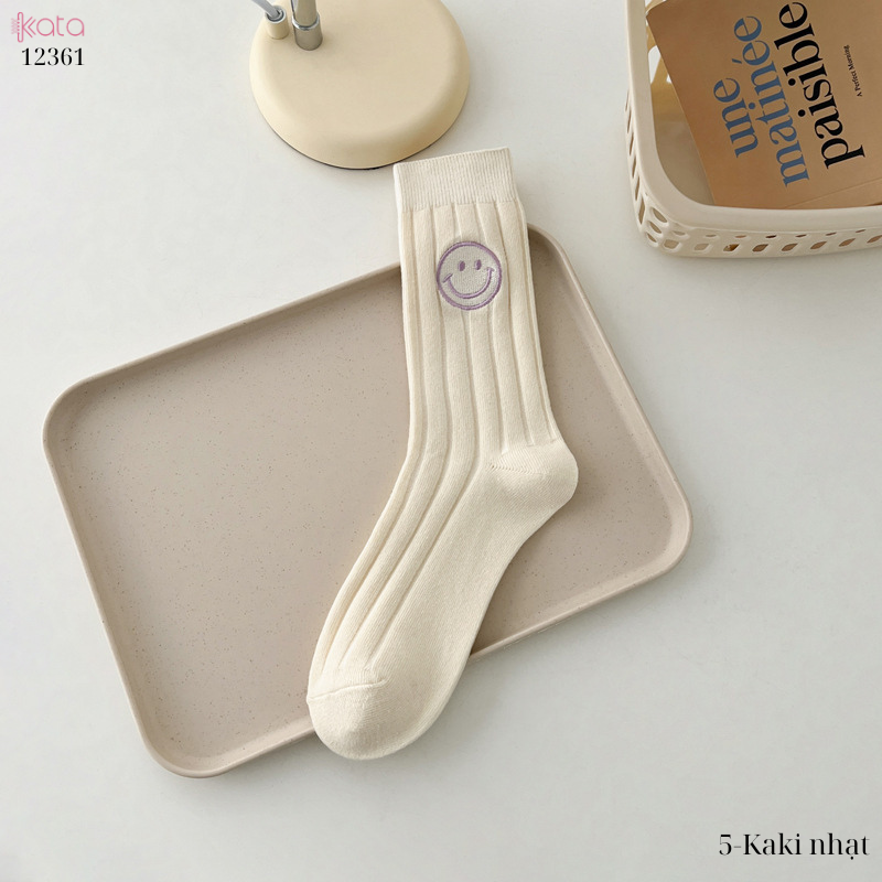 Tất trơn giữa bắp chân,tất cotton xuân hè thêu mặt cười 12361