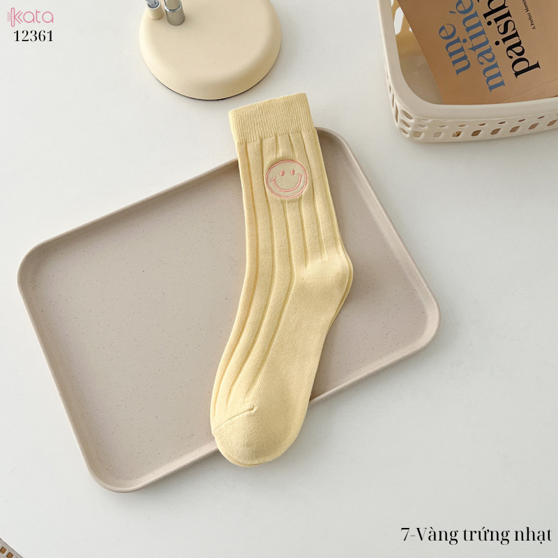 Tất trơn giữa bắp chân,tất cotton xuân hè thêu mặt cười 12361