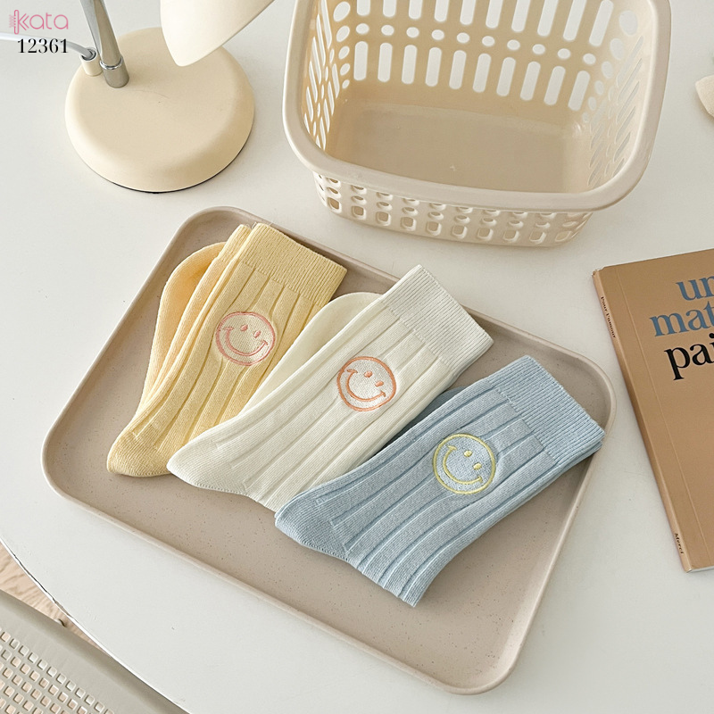 Tất trơn giữa bắp chân,tất cotton xuân hè thêu mặt cười 12361