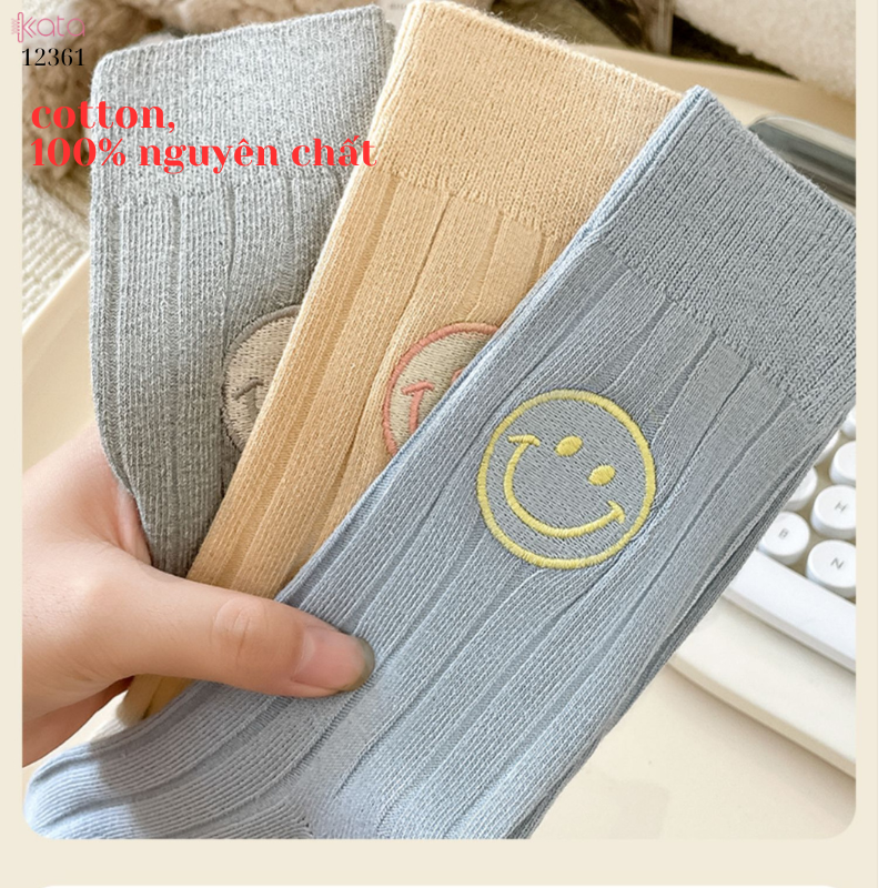 Tất trơn giữa bắp chân,tất cotton xuân hè thêu mặt cười 12361