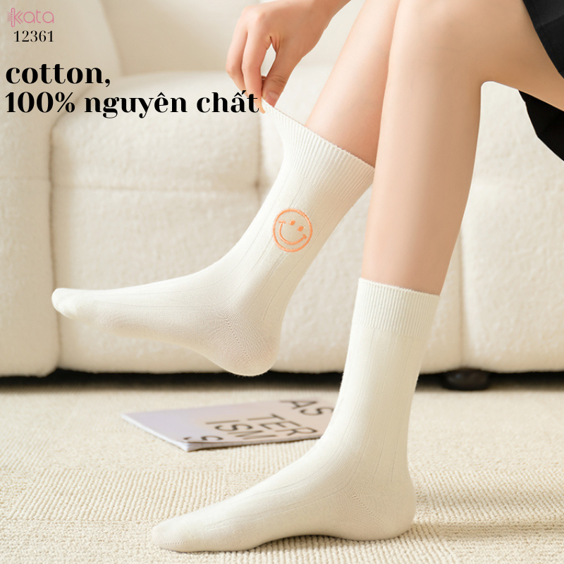 Tất trơn giữa bắp chân,tất cotton xuân hè thêu mặt cười 12361