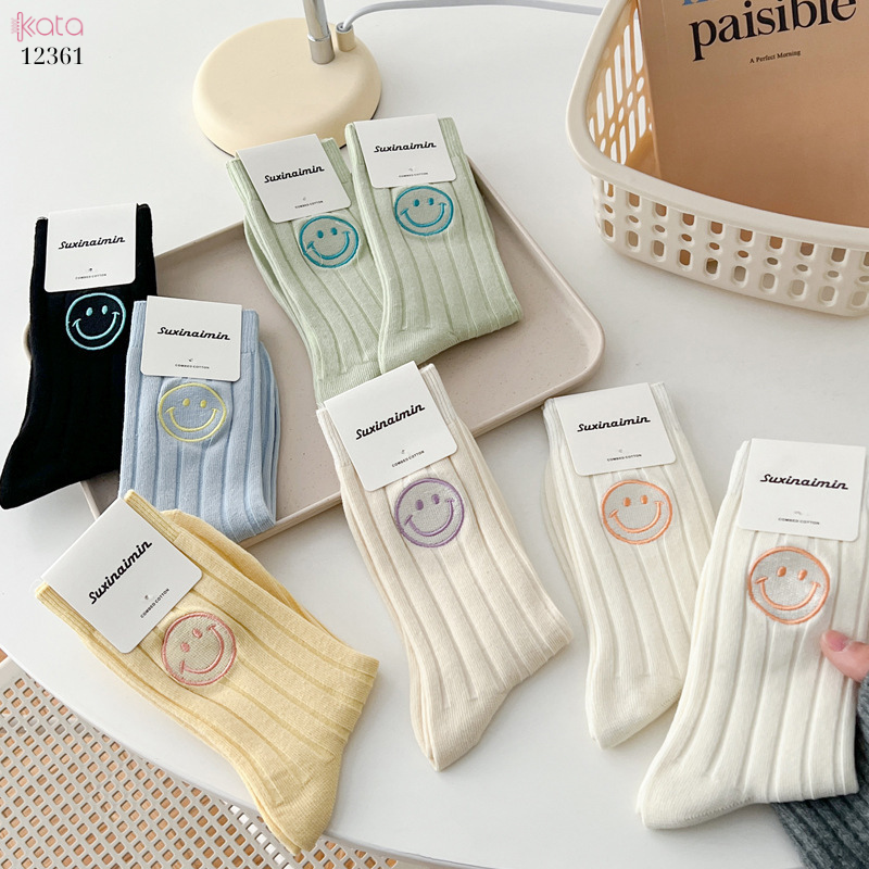 Tất trơn giữa bắp chân,tất cotton xuân hè thêu mặt cười 12361