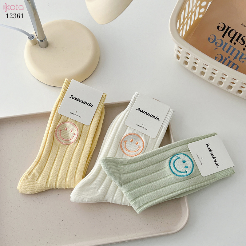 Tất trơn giữa bắp chân,tất cotton xuân hè thêu mặt cười 12361
