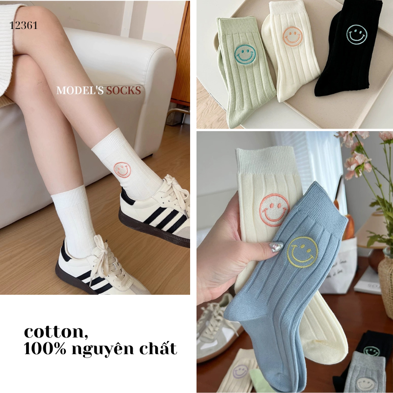Tất trơn giữa bắp chân,tất cotton xuân hè thêu mặt cười 12361