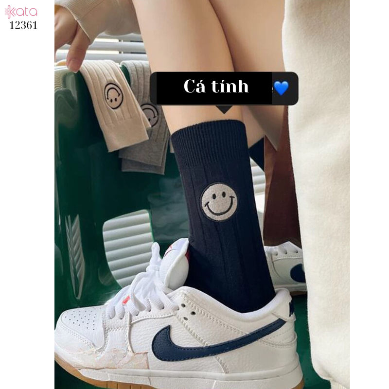 Tất trơn giữa bắp chân,tất cotton xuân hè thêu mặt cười 12361