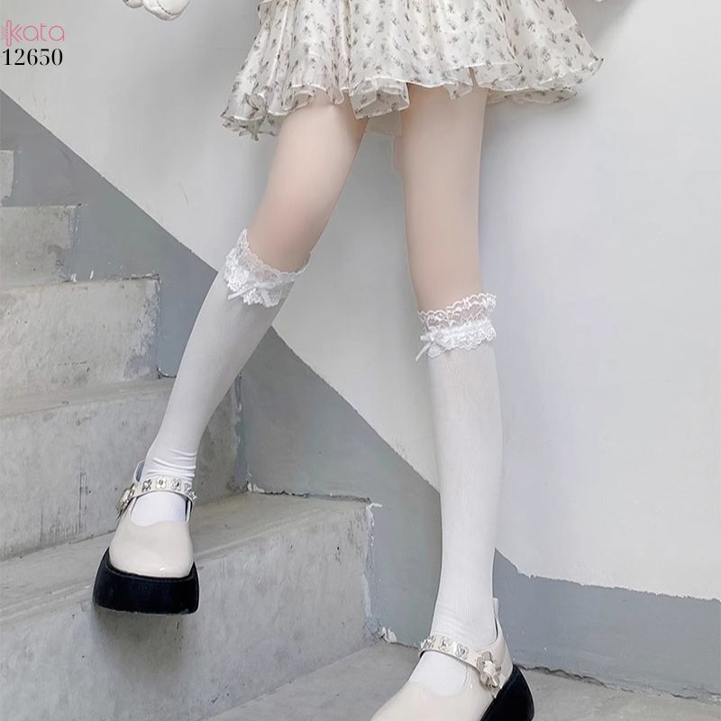  Tất ren mỏng nhung,tất bắp chân nơ ruy băng phong cách Nhật Bản jk 12650