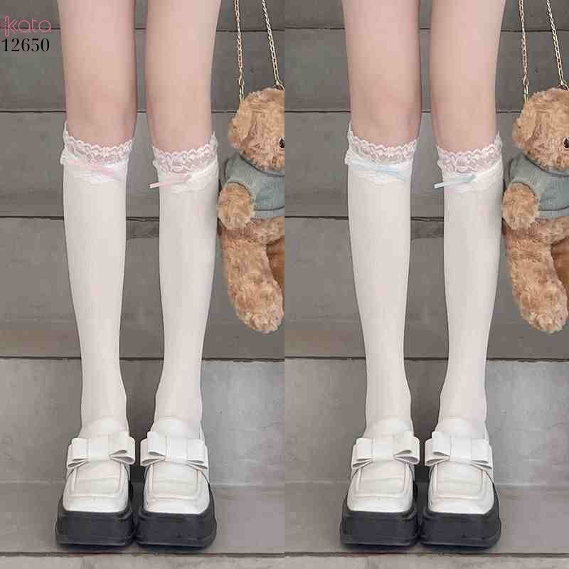  Tất ren mỏng nhung,tất bắp chân nơ ruy băng phong cách Nhật Bản jk 12650
