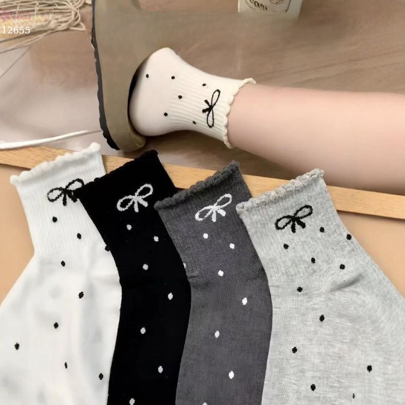 Tất chấm bi nơ,tất nữ mùa thu giữa bắp chân phong cách Hàn Quốc 12655