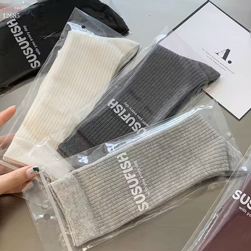 Tất trơn nữ thu đông 100% cotton thấm hút mồ hôi,tất giữa bắp chân thoáng khí 12685