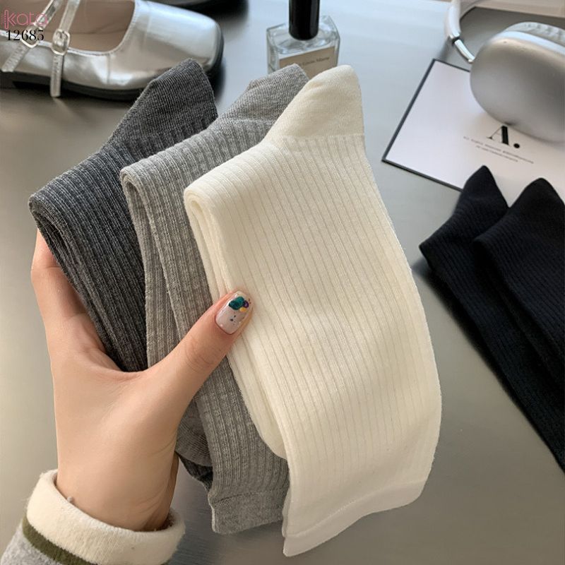 Tất trơn nữ thu đông 100% cotton thấm hút mồ hôi,tất giữa bắp chân thoáng khí 12685