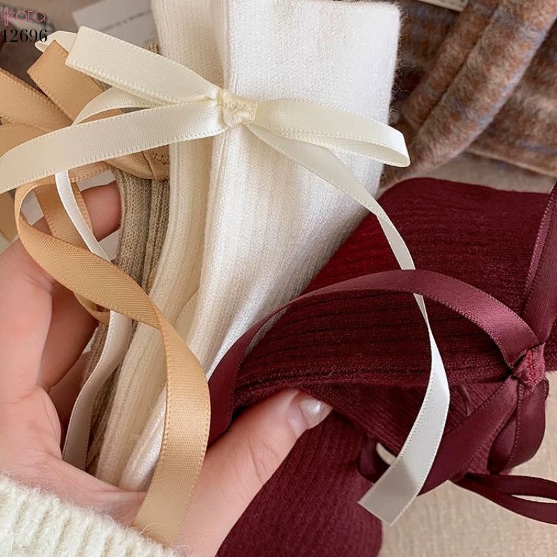 Tất nơ dày cao cấp,tất thu đông đi bốt,chất liệu bông cotton không đường may 12696