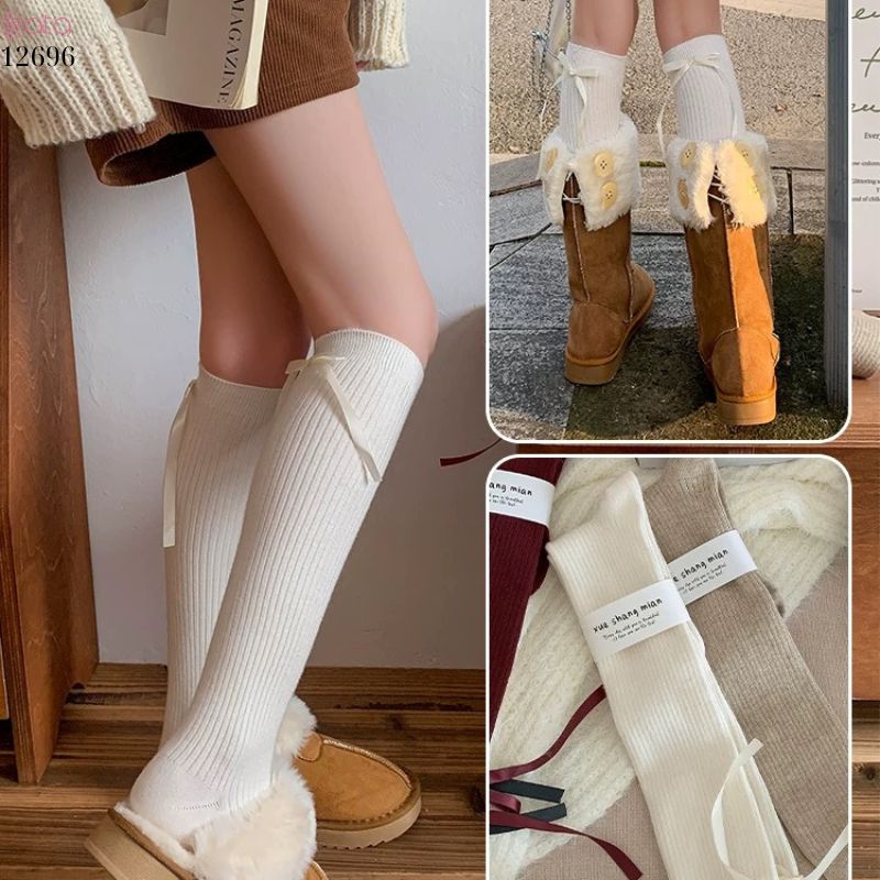 Tất nơ dày cao cấp,tất thu đông đi bốt,chất liệu bông cotton không đường may 12696